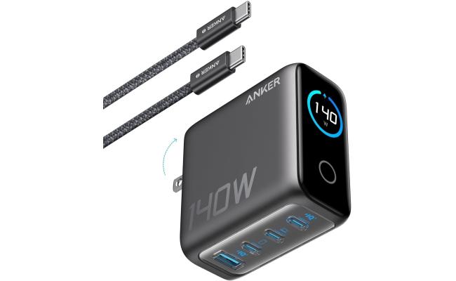 Anker Laptop Charger, 140W Max 4-Port GaN USB C Charger Block with Smart Display, Fast Charging Power Adapter, Touch Controls for MacBook, iPad, iPhone 17/16 Series (Include 5FT Cable, Non-Battery) - Black